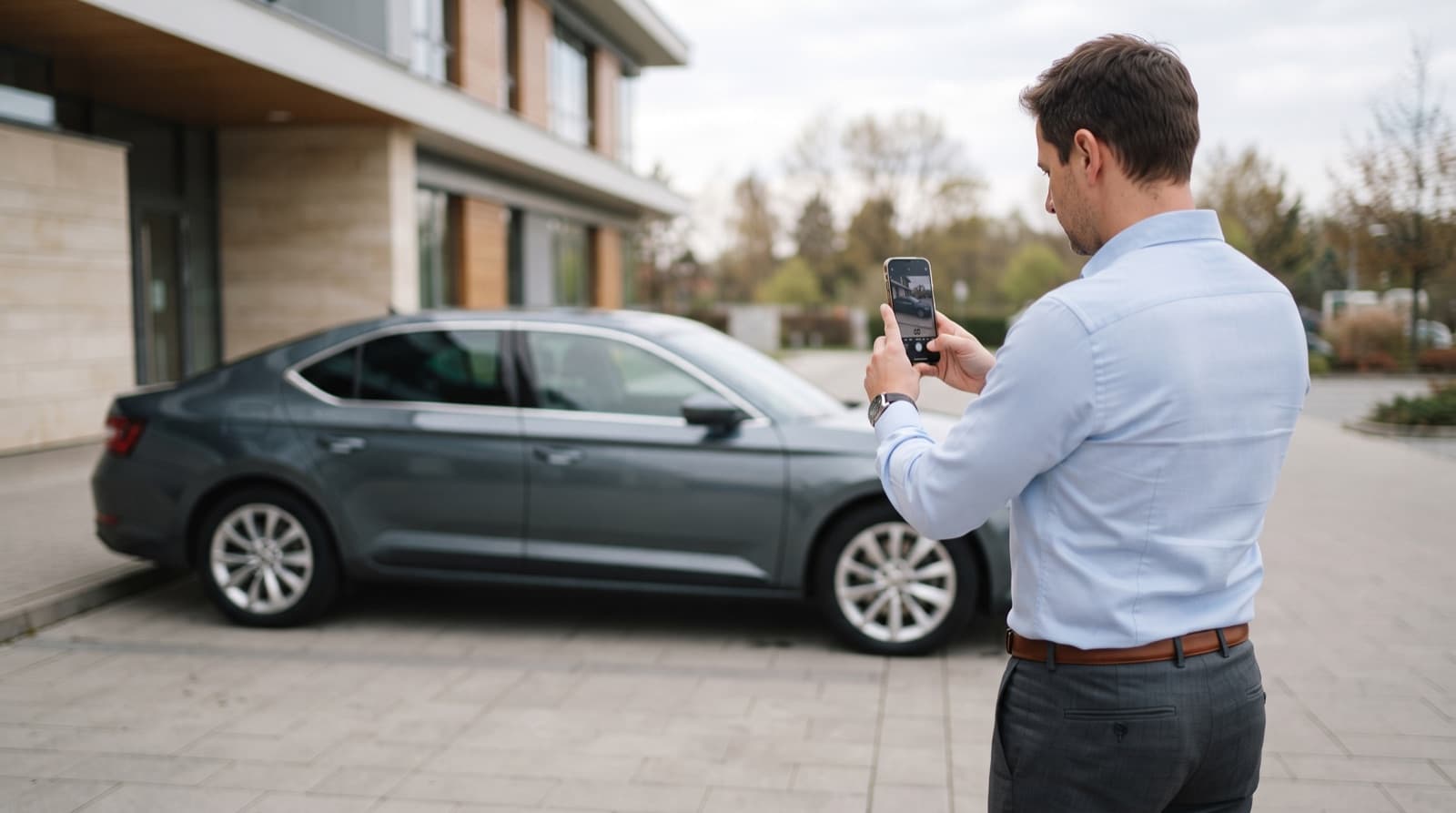Muž fotí své auto mobilem, na displeji telefonu je vidět celé vozidlo