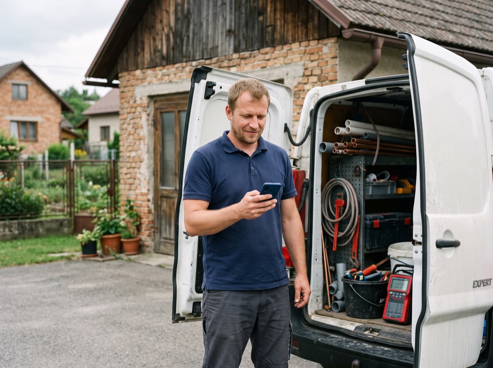 Živnostník s mobilem u otevřené dodávky plné nářadí
