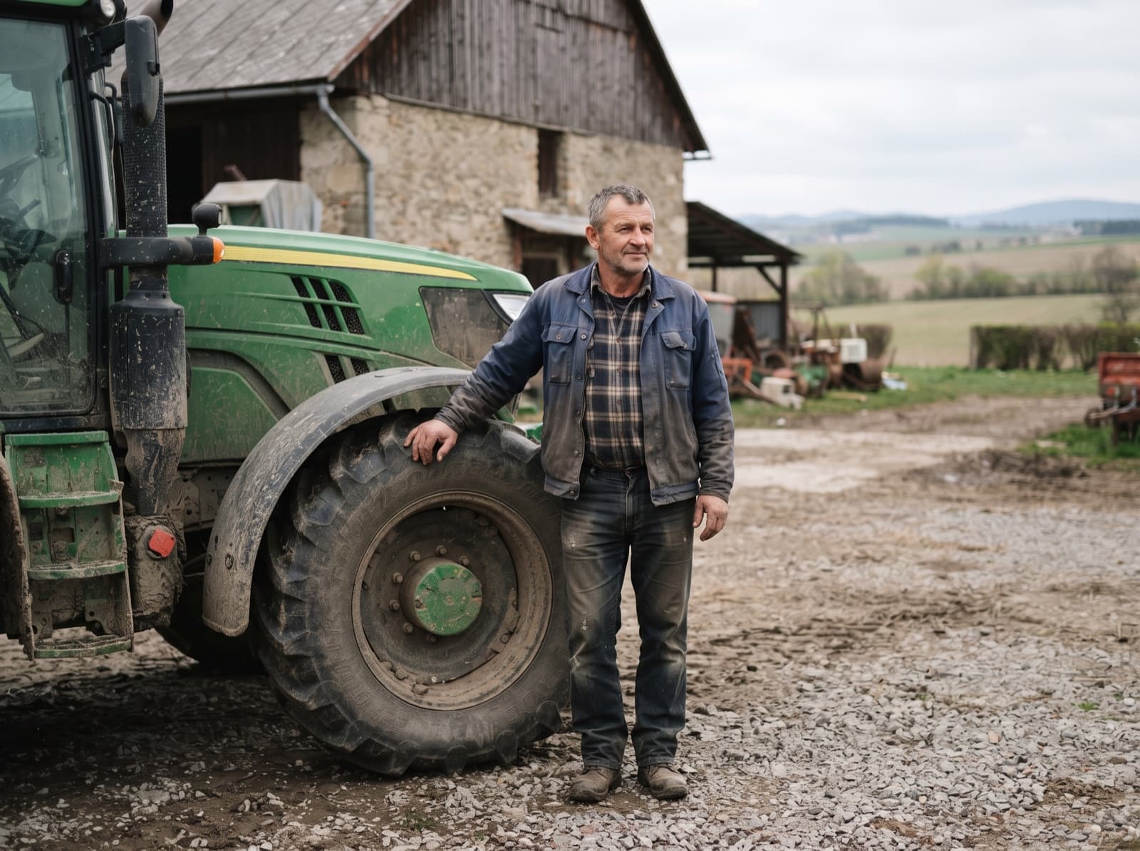 Farmář stojí u svého traktoru na dvoře hospodářství