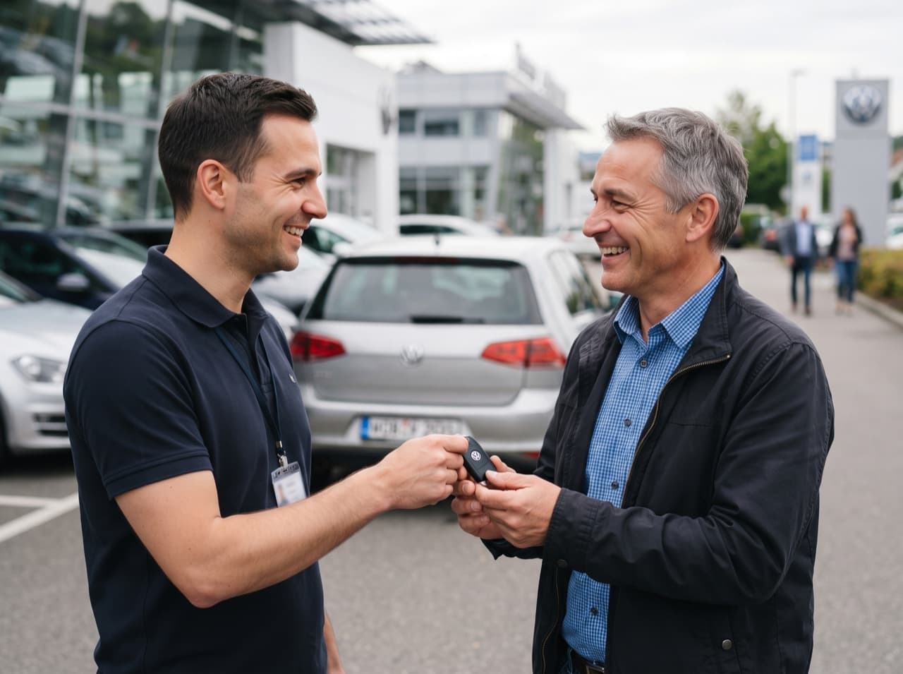 Předání klíčů od auta při výkupu, oba muži se usmívají
